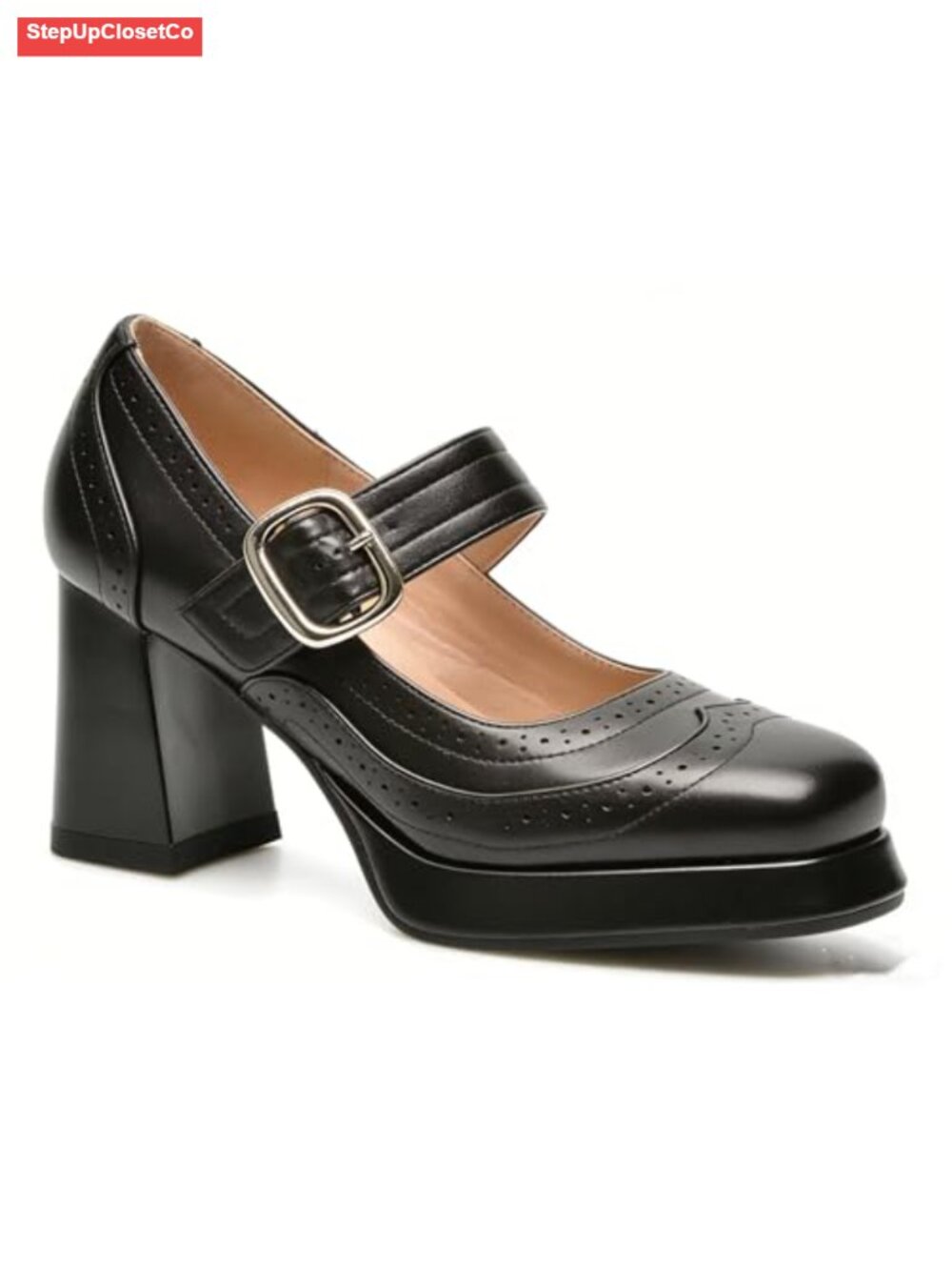Chunky Platform Mary Jane Heels for Women Retro Round Toe Pumps with Buckle